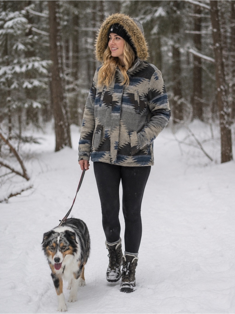 Women's Grey Aztec-Print Winter Jacket with Faux Fur Hood